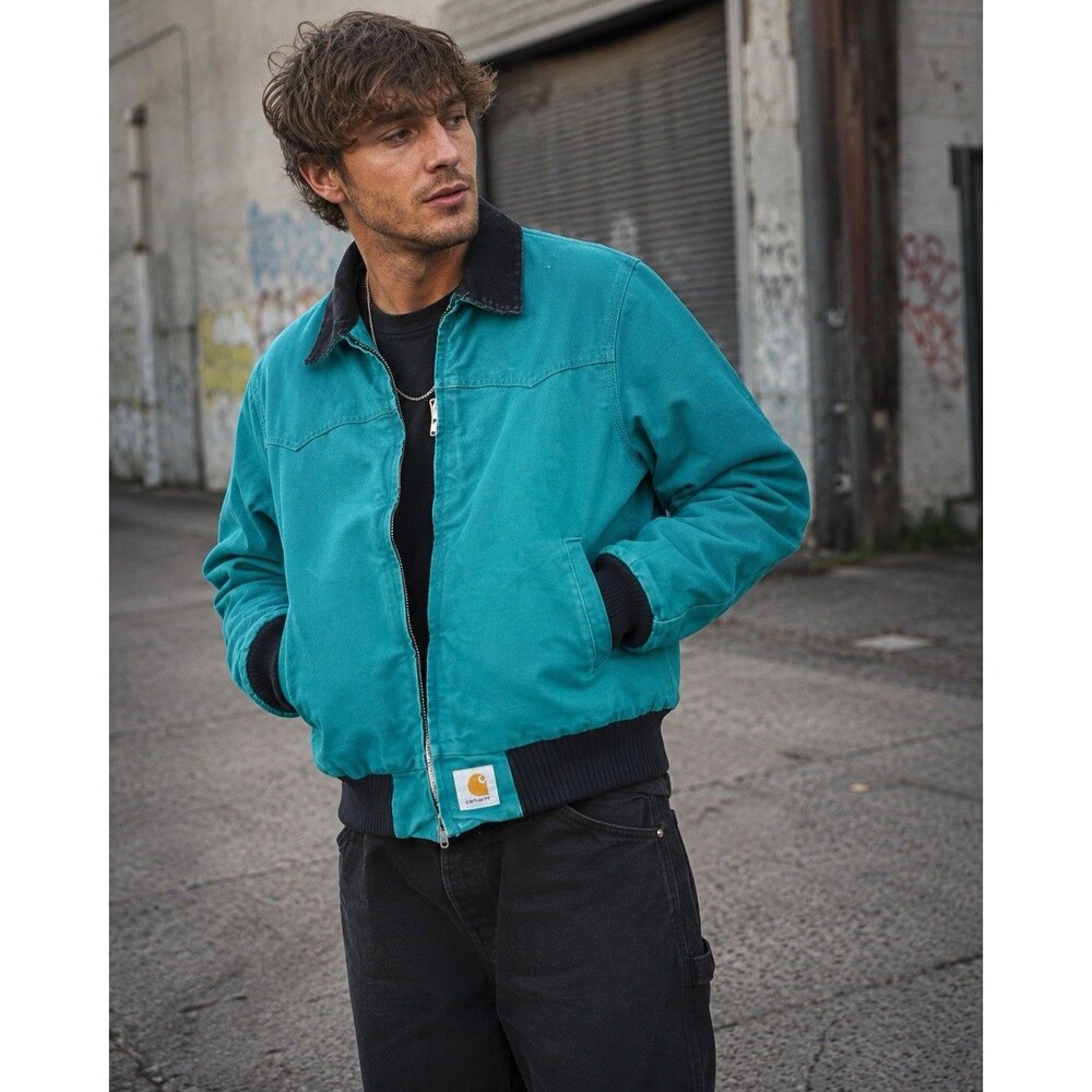 Vtg Carhartt Jacket JQ2132 Men L  Aqua Teal Santa Fe Duck Canvas Bomber 90s RARE